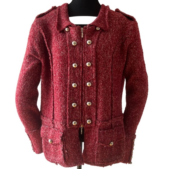 Marie Claire XL Acrylic Wool Blend Boucle Zip Up Cardigan Sweater Jacket Red - Picture 1 of 16